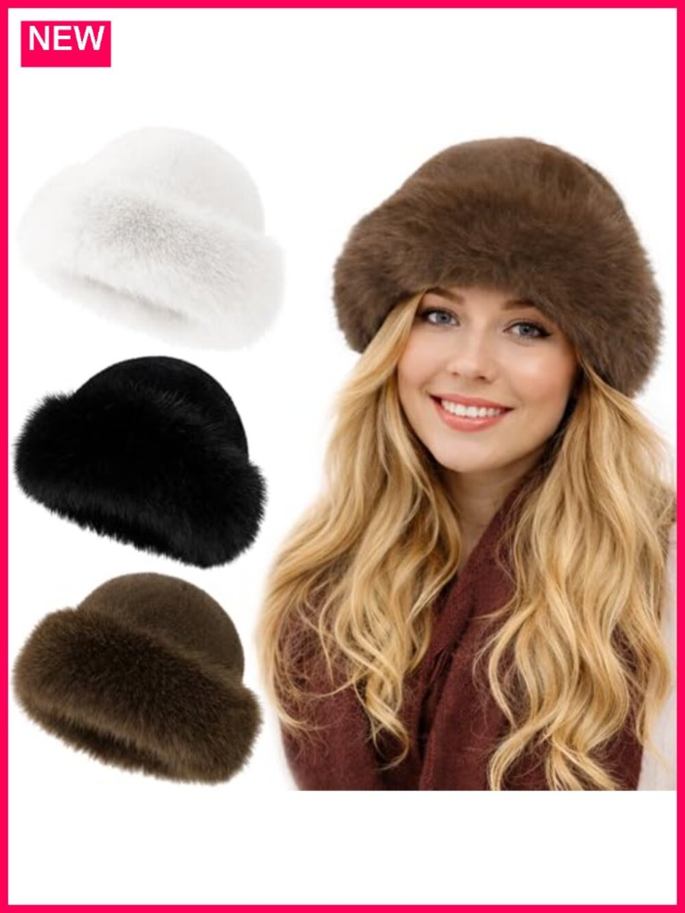 3 Pack Womens Faux Fur Bucket Hat Winter Warm Plush Fluffy Cold Weather Outdoor